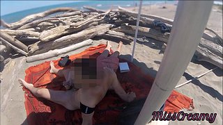 Exhibitionist teacher masturbates a big cock on a nude beach in public in front of a voyeur with cumshot p1 - Misscreamy
