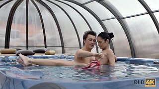 OLD4K. Old man is here to penetrate girls trimmed pussy by the pool: Missonary, Brunette & Pornstar Porn