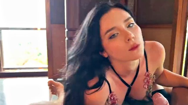 Passionate brunette in sexy lingerie deepthroats, rides cock and cums on face POV
