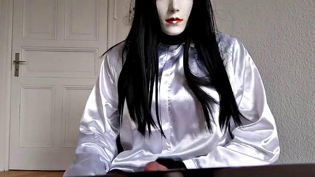 Cum with me in satin, leather and nylon catsuit