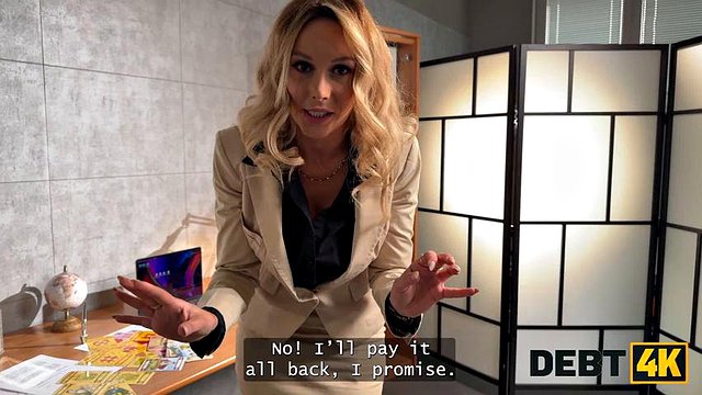DEBT4k. Curvy blonde Karina King is solving her debt by sucking a collector s cock