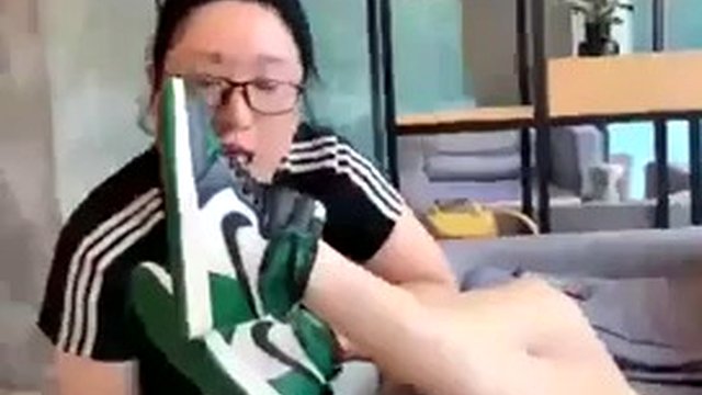 Female Slave Licks Chinese Mistress's Nike Air Jordan 1 in Public