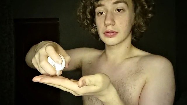 ASMR curly gay lover smears his face with cream, jerks off his hairy penis and spreads his ass Galina Stop