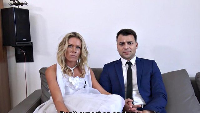 DEBT4k. Blonde dressed as a bride fucked by a collector in the presence of the groom