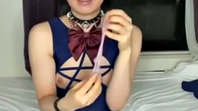 Japanese Cosplayer Dick Girl Solo Cumshot and Anal Play in Swimsuit
