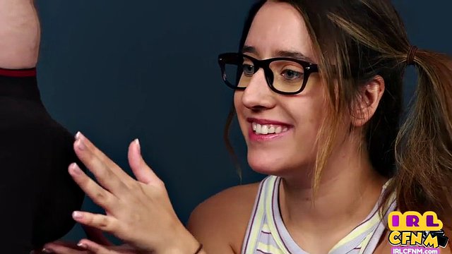 Curious geeky CFNM jerking and teasing