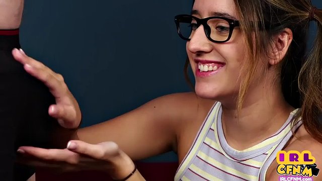 Curious geeky CFNM jerking and teasing