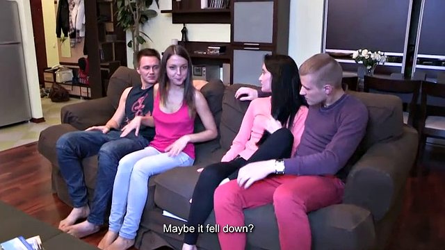 Russian double date with two hot brunette turns gangbang