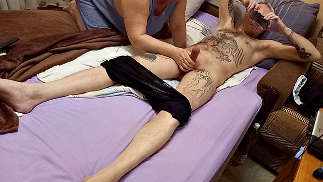 After the pump, the mother-in-law jerks off my dick