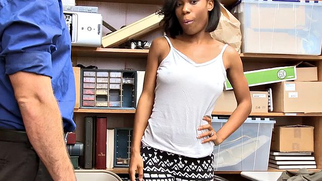 Ebony shoplifter strips naked then gets fucked by security guard