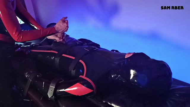 Edging & huge orgasm for the rubber slave
