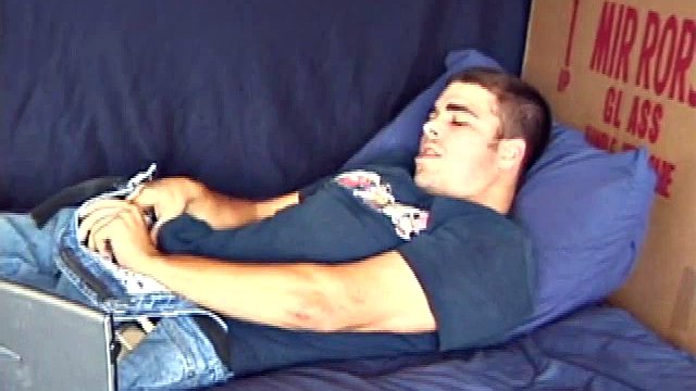 Young amateur Tony Hammer pulls out his cock and starts jerking off. He pulls down his jeans and pulls back, continuing to work his cock. Tony breathes hard and pounds hard, until he sprays a nice load of cum hot all over his chest.