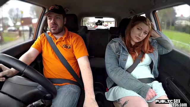 Curvy redhead tattooed babe publicly fucked in car by instructor