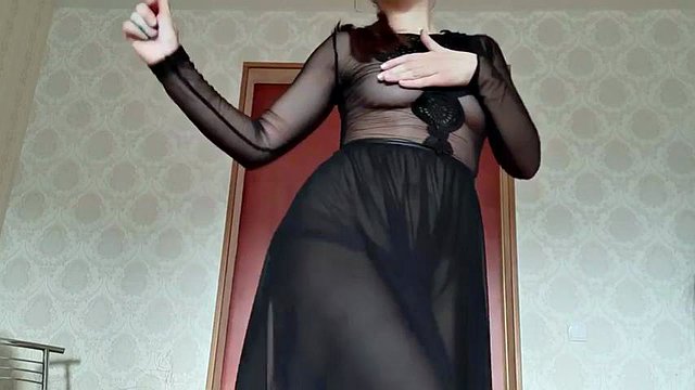 Russian beauty exudes dancing in sheer black chiffon long nightgown: Amateur, Babe & Brunette Porn
