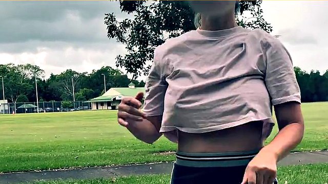 The wife dares to play basketball without bra and panties in a short skirt.