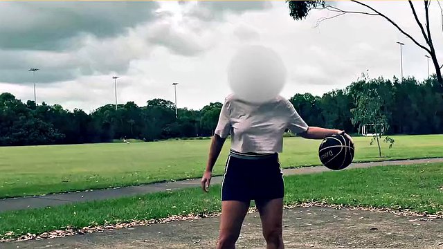 The wife dares to play basketball without bra and panties in a short skirt.