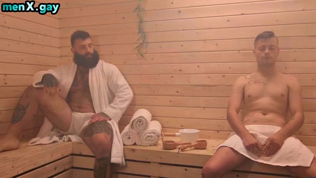 Sauna stud barebacked by a huge tattooed bear until he cumshot