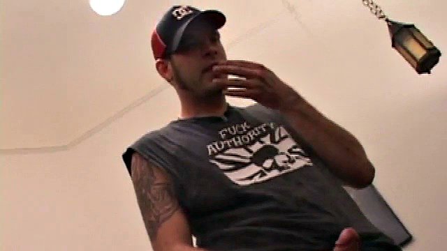 Pierced punk Elijah Mageddon drops his pants and gets to work on his dick. After stroking his hard dick in the porn video, he pumps his warm load of cum onto the skateboard.
