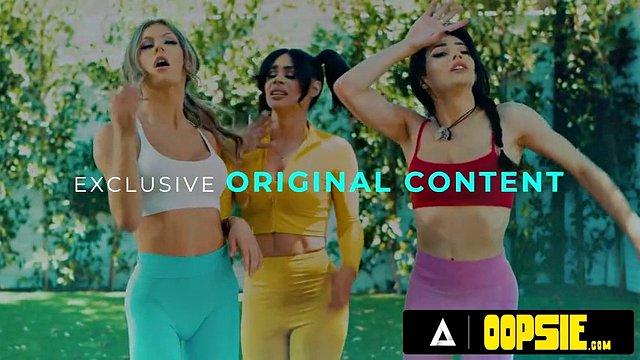 OOPSIE - Naughty shemales Ariel Demure and Erica Cherry take off Summer Hart's yoga pants to give her a double penetration