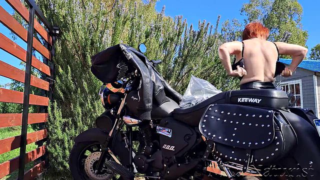 Mila Naturist Flaunts Big Tits in Skimpy Leather Outfit on Black Bike Behind the Scenes Tease