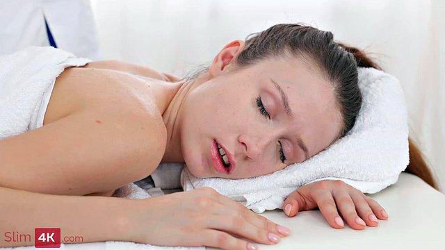 Teen Brunette Receives Sensual Massage from Slim4K Before Hardcore Blowjob, Cowgirl Ride and Mission