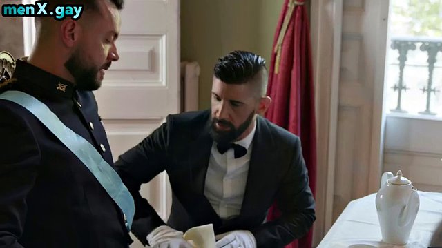 Officer analpounding bearded butlers asshole on dinner