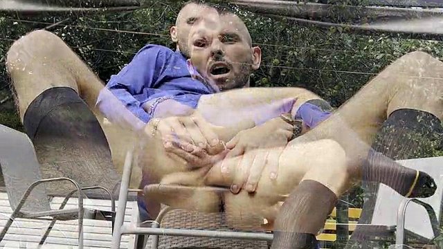 Suited Man With Locked Dick Is Playing With His Man Cunt And Pissing In Public In Sheer Socks