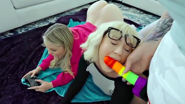 Gaming lesbians fucked with strapon in a POV threesome by a tattooed babe