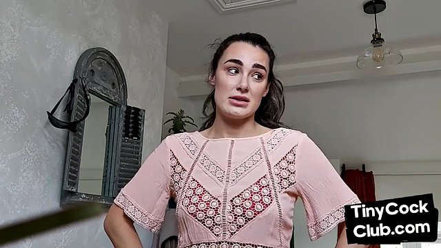 CFNM British babe teasing small cock and begging for cumshot