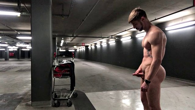 German boy dude public parking garage naked outdoor cum jerk off masturbation small dick dick big muscle athletic young