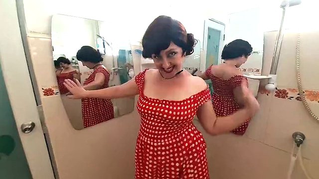Pinup bebe has no panties in front of the mirror Retro Vintage Nude maid Housewife