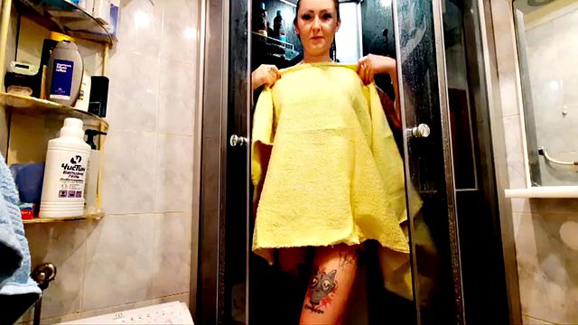 Nude Dominatrix takes a shower. You have the opportunity to spy on your beloved mistress taking a shower