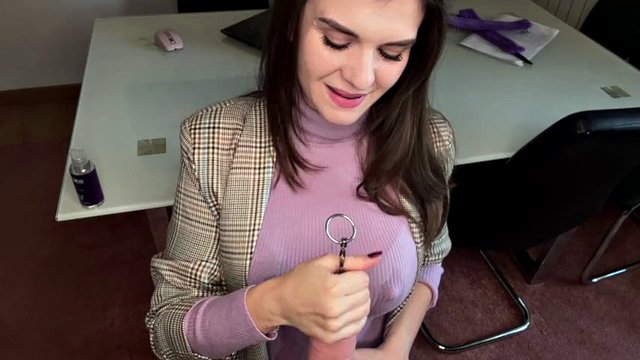 Hot Step Mother Seduces Step Son in the office, shows him milky nipples and Makes big cock Handjob