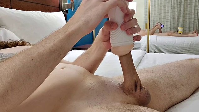 Quick fuck of a virgin shaped pocket pussy while there is a penis plug in my urethra in a Dallas hotel room