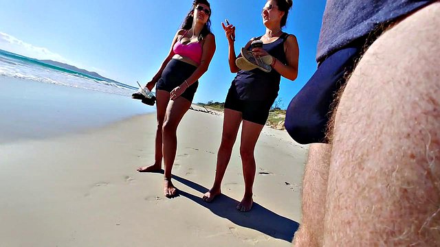 Young MILFs Flash Big Cock Bulge in Public Beach Flash