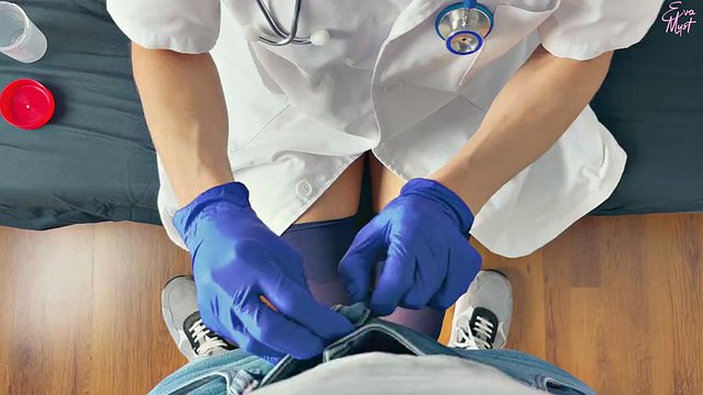 POV CFNM handjob only: nurse in surgical gloves is helping a hard to cum patient obtain a sperm sample for analysis
