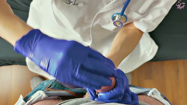 POV CFNM handjob only: nurse in surgical gloves is helping a hard to cum patient obtain a sperm sample for analysis