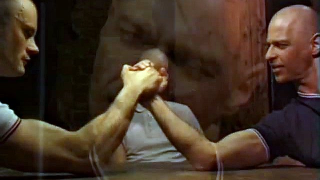 Hardcore gay threesome with muscular bald studs ramming butts