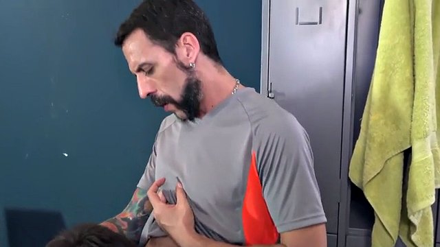 Locker room dominant DILF top fucks bottoms in 3some