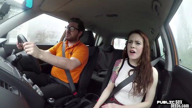 Redhead driving student fucks her instructor in the car
