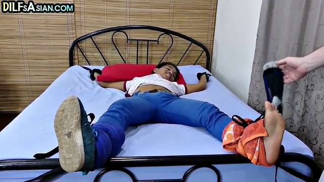 Feet tickled by slender Asian dick sucked and coupled by DILF