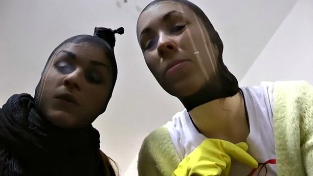 Robber girl trampling in nylon mask