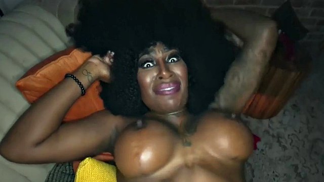 Busty ebony babe deepthroating in POV be4 pussypounding