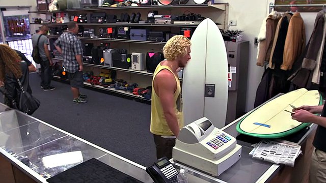 Pawnshop stud with abs fucked in stockroom 3some after BJ