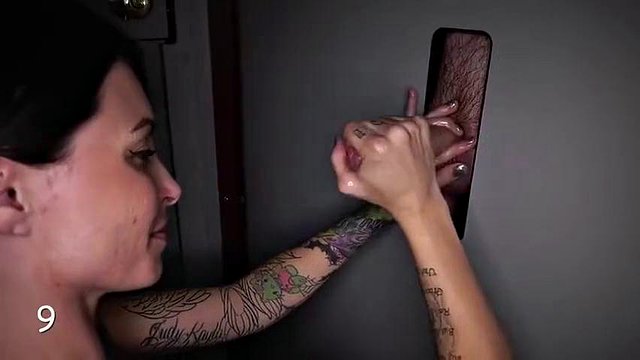 Brunette Tattoo Deep-Throats Glory Hole in Threesome