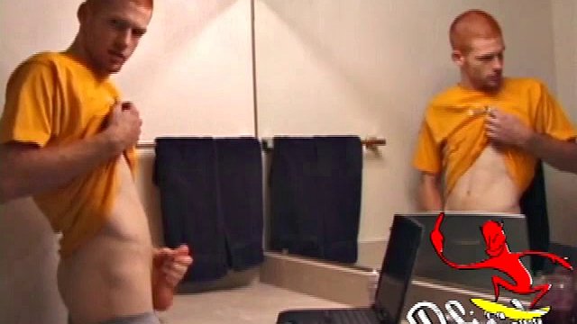 In this hot solo scene, young Tristian goes to the bathroom to jerk off while watching porn on his laptop. After a nice long stroke, he opens the release valve and shoots all over the mirror and countertop.